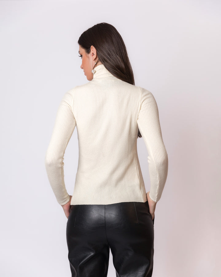 Ribbed Knitted Turtleneck Sweater With Front Twist