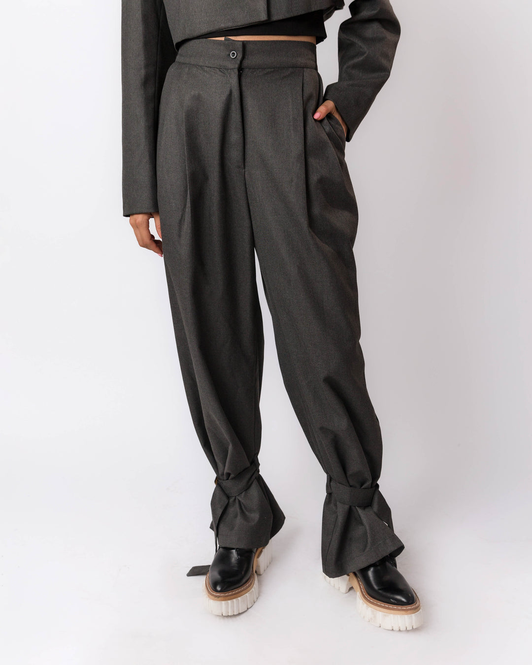 Grey High Rise Pants With Front Pleats