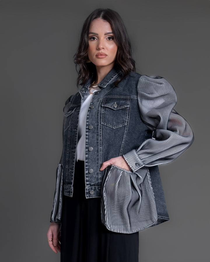 Denim Jacket with Puffy Net Sleeves
