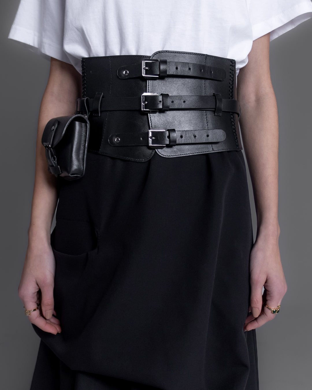 Buckled Leather Corset Belt With Mini Bag