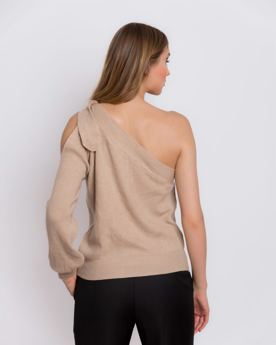 Knitted One Shoulder Top With Sleeve Cutout Detail And Tie Shoulder