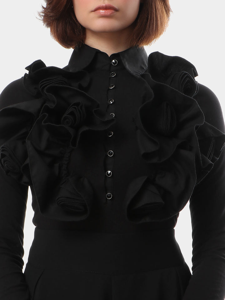 Flower embellished long sleeve blouse in Black