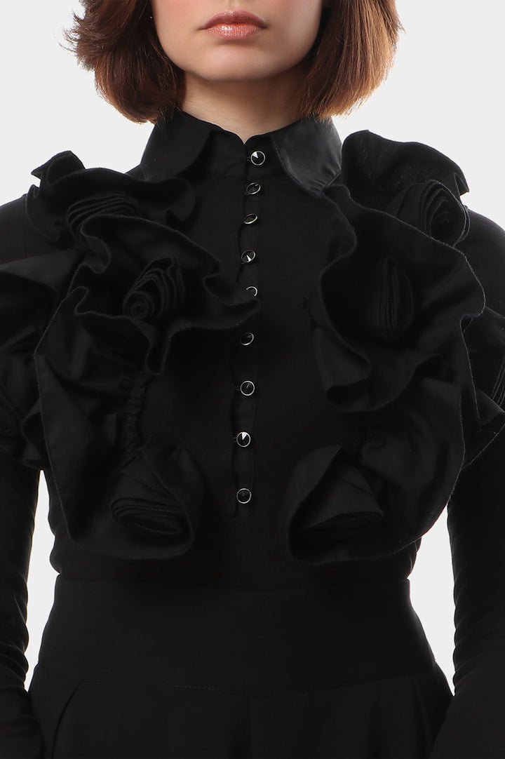 Flower embellished long sleeve blouse in Black