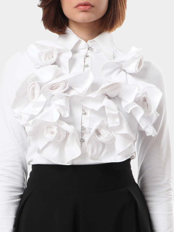 Long sleeve blouse embellished in flowers & ruffles in white