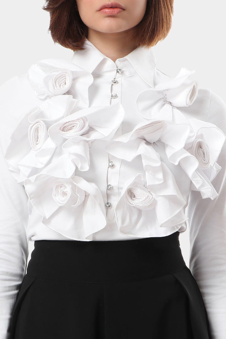 Long sleeve blouse embellished in flowers & ruffles in white