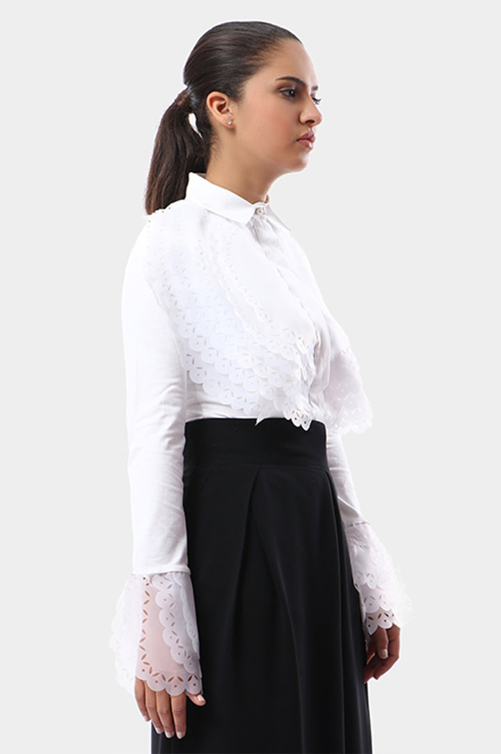 Spiral Organza Collar & Sleeves With Embroidery Blouse