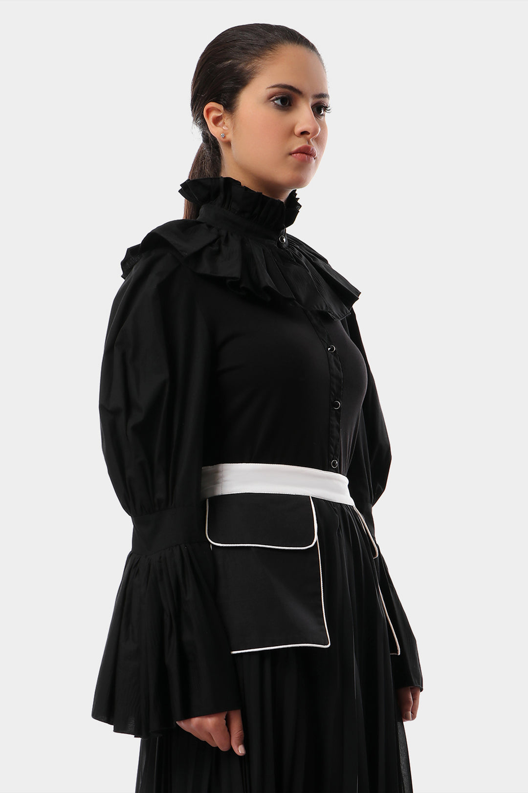 Pleated Collar Cotton Blouse With Trumpet Sleeves