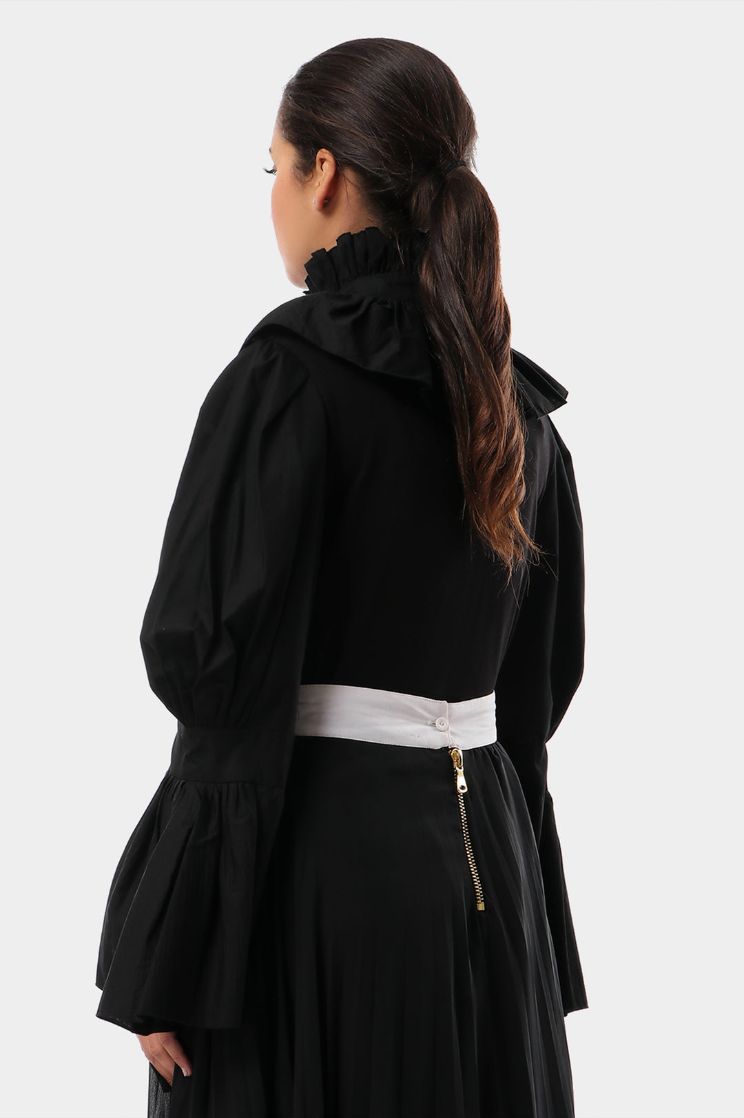 Pleated Collar Cotton Blouse With Trumpet Sleeves