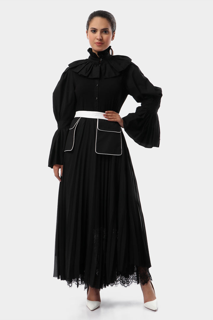 Pleated Collar Cotton Blouse With Trumpet Sleeves