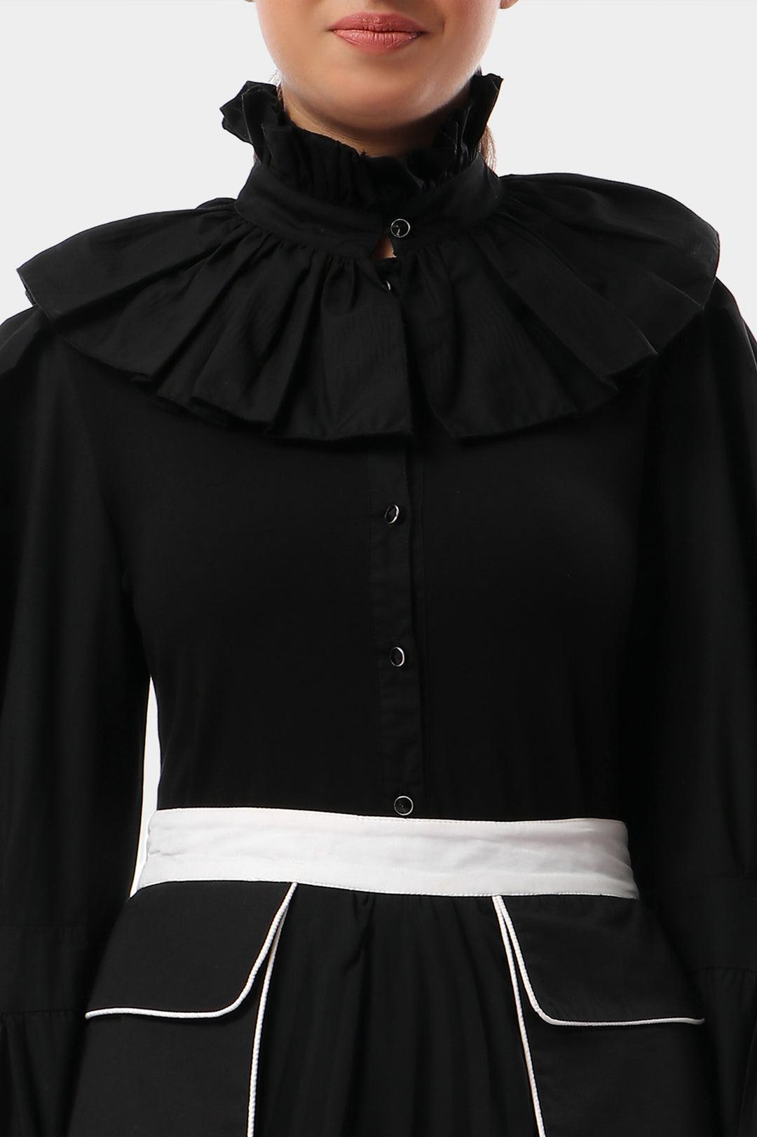 Pleated Collar Cotton Blouse With Trumpet Sleeves