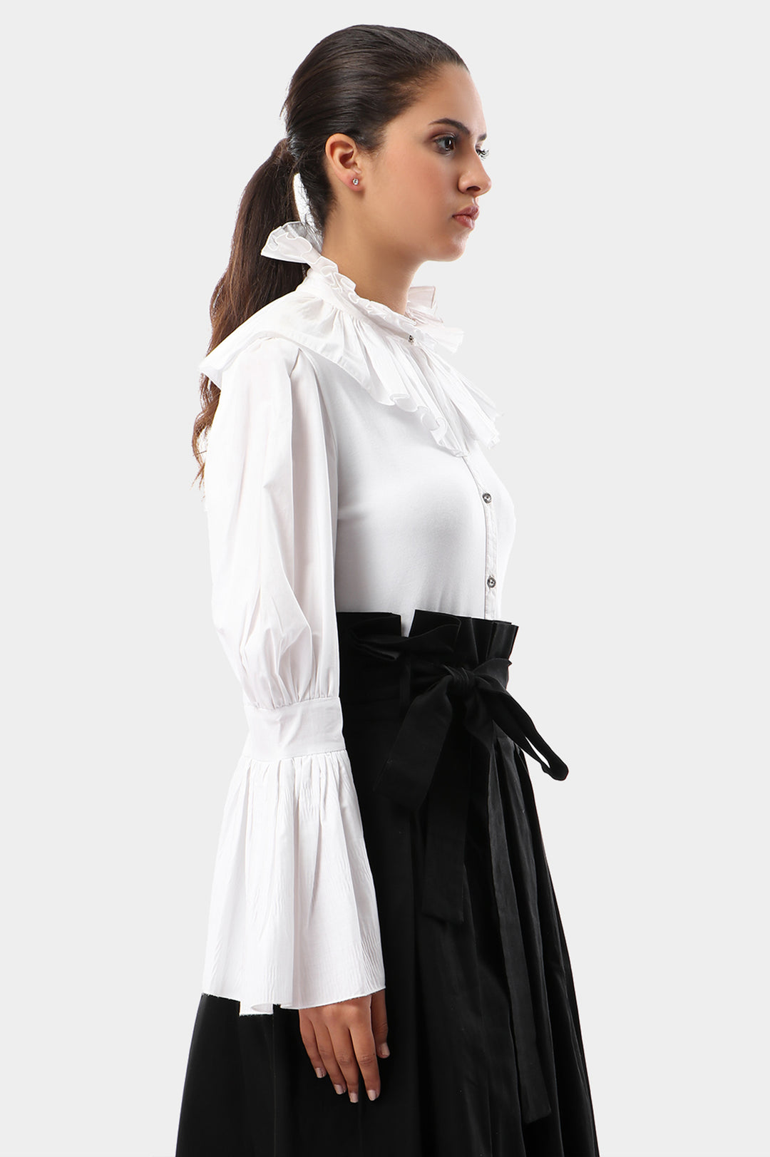 Victorian Pleated Collar Cotton Blouse With Pleated Trumpet Sleeves