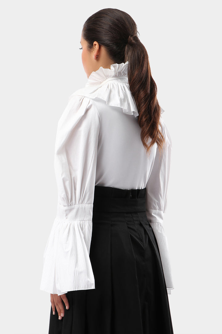 Victorian Pleated Collar Cotton Blouse With Pleated Trumpet Sleeves