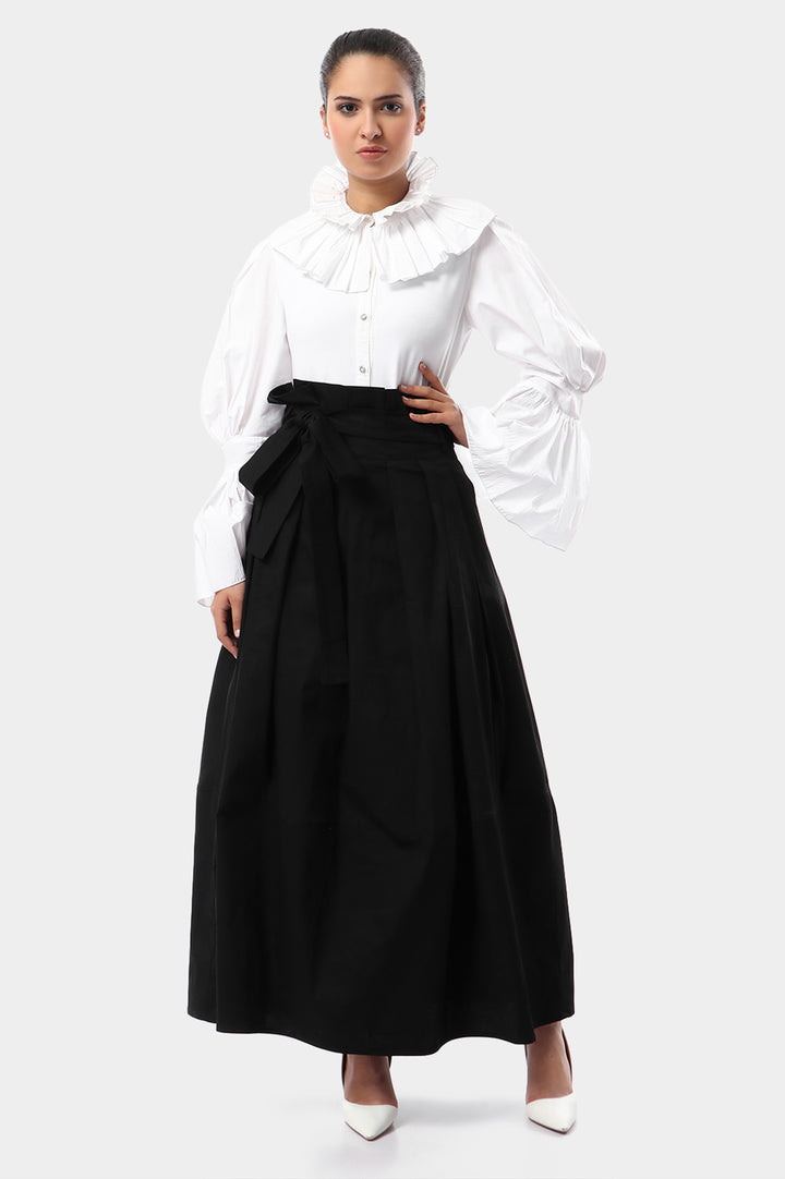 Victorian Pleated Collar Cotton Blouse With Pleated Trumpet Sleeves