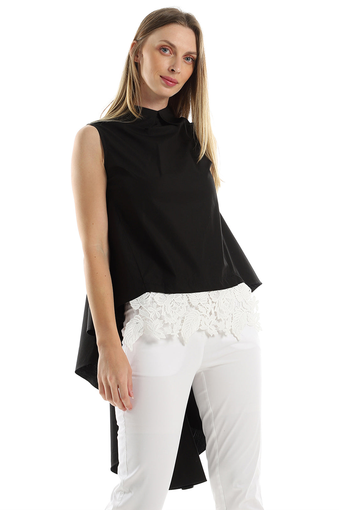 Asymmetric Sleeveless Blouse With Lace Trim