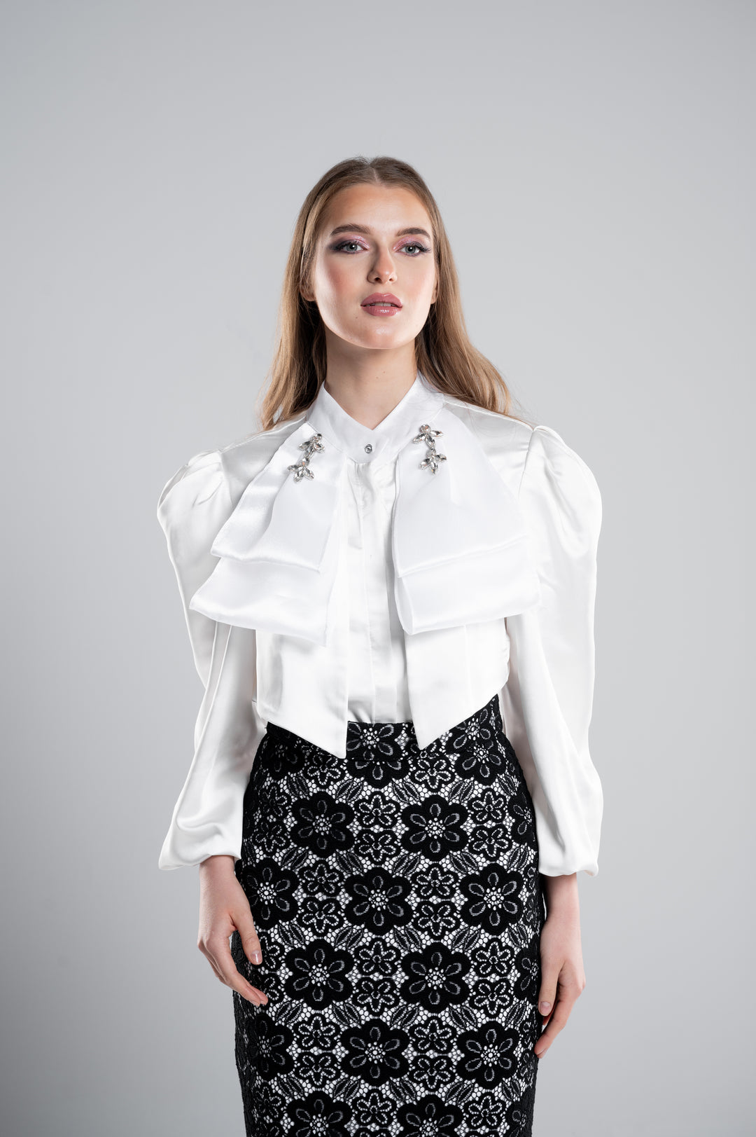 SATIN BLOUSE WITH  COLLAR CRYSTALS And Layered Front Bow