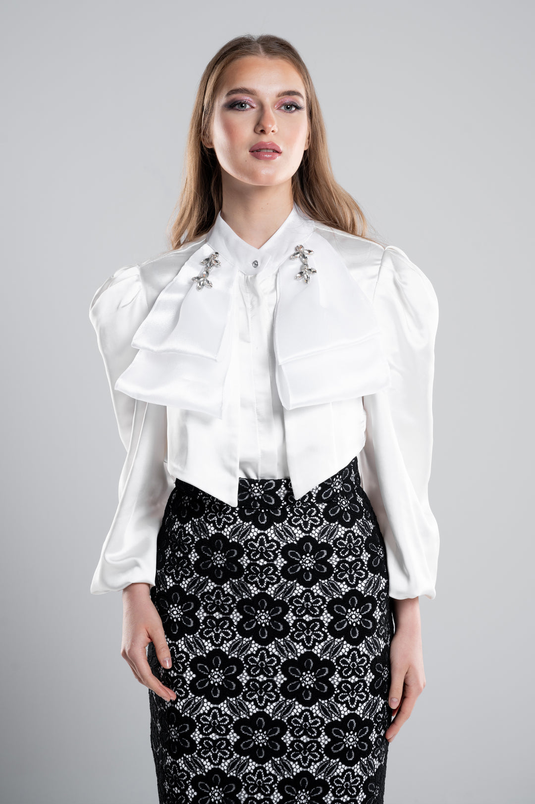 SATIN BLOUSE WITH  COLLAR CRYSTALS And Layered Front Bow