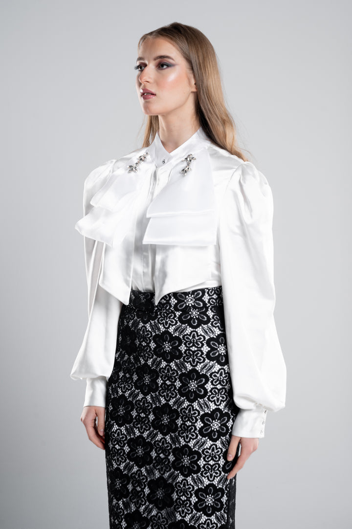 SATIN BLOUSE WITH  COLLAR CRYSTALS And Layered Front Bow