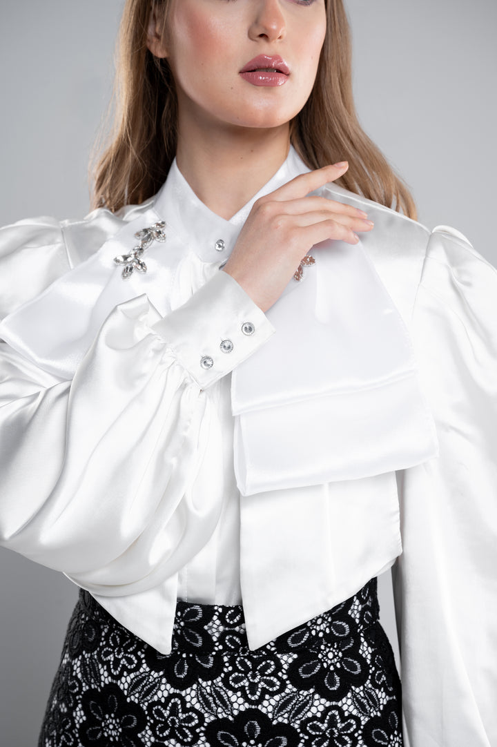 SATIN BLOUSE WITH  COLLAR CRYSTALS And Layered Front Bow