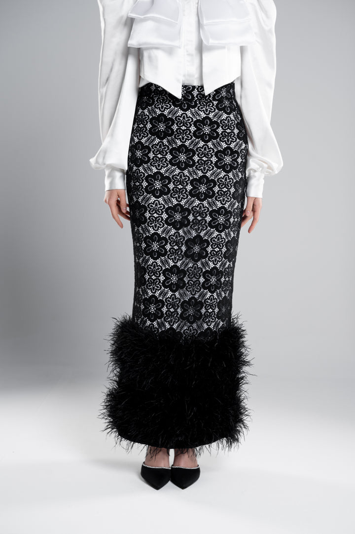 Feather Trimmed Maxi Guipure Skirt