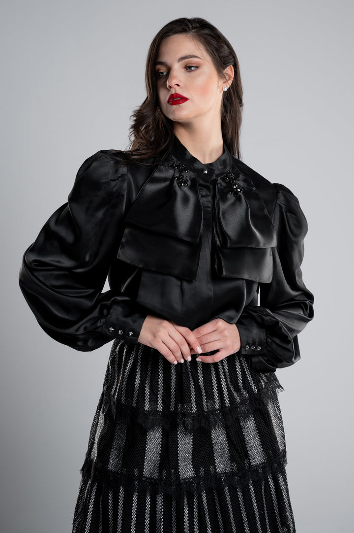 SATIN BLOUSE WITH  COLLAR CRYSTALS And Layered Front Bow