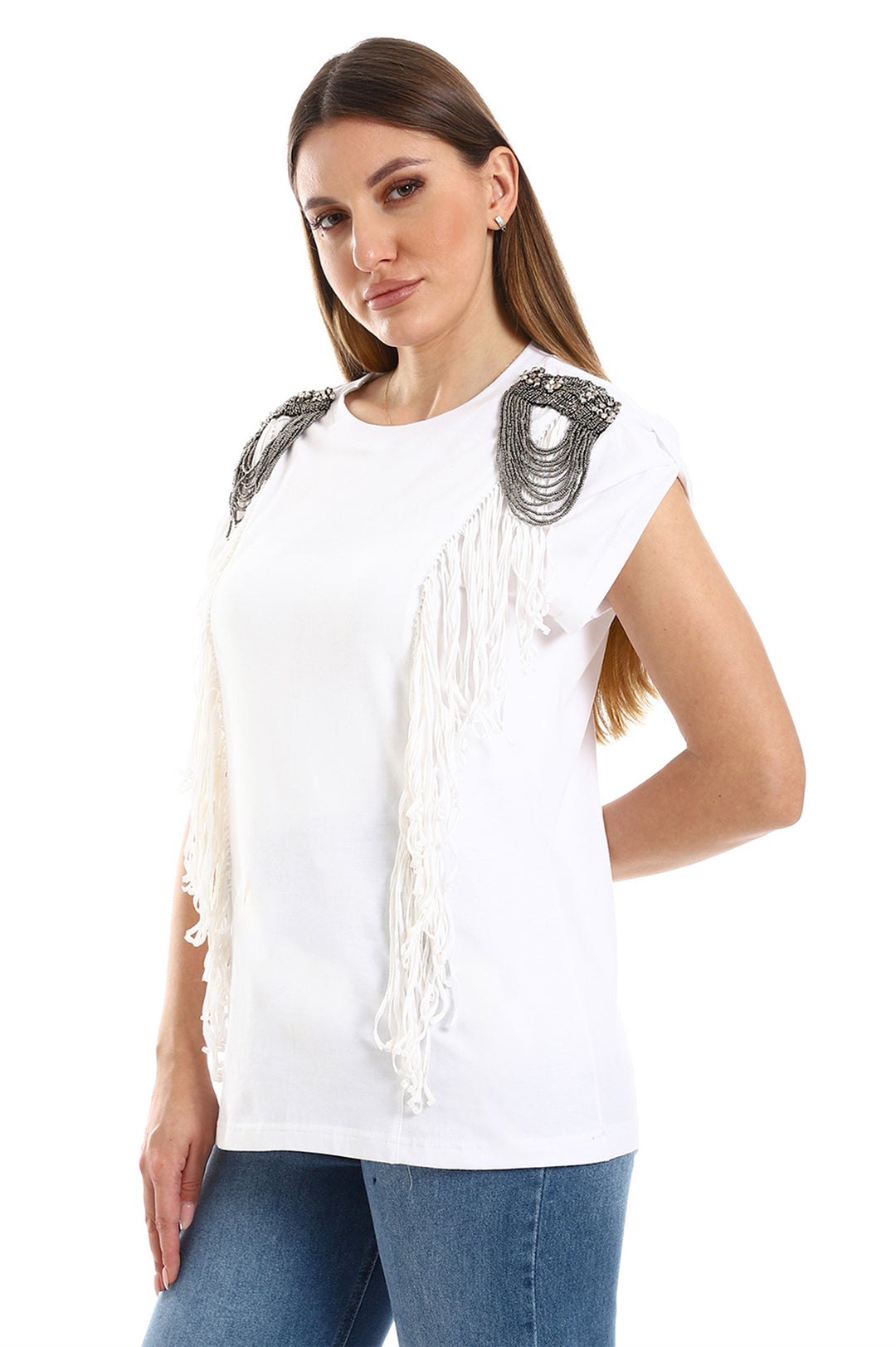 Tshirt With Fringes And Embellishments