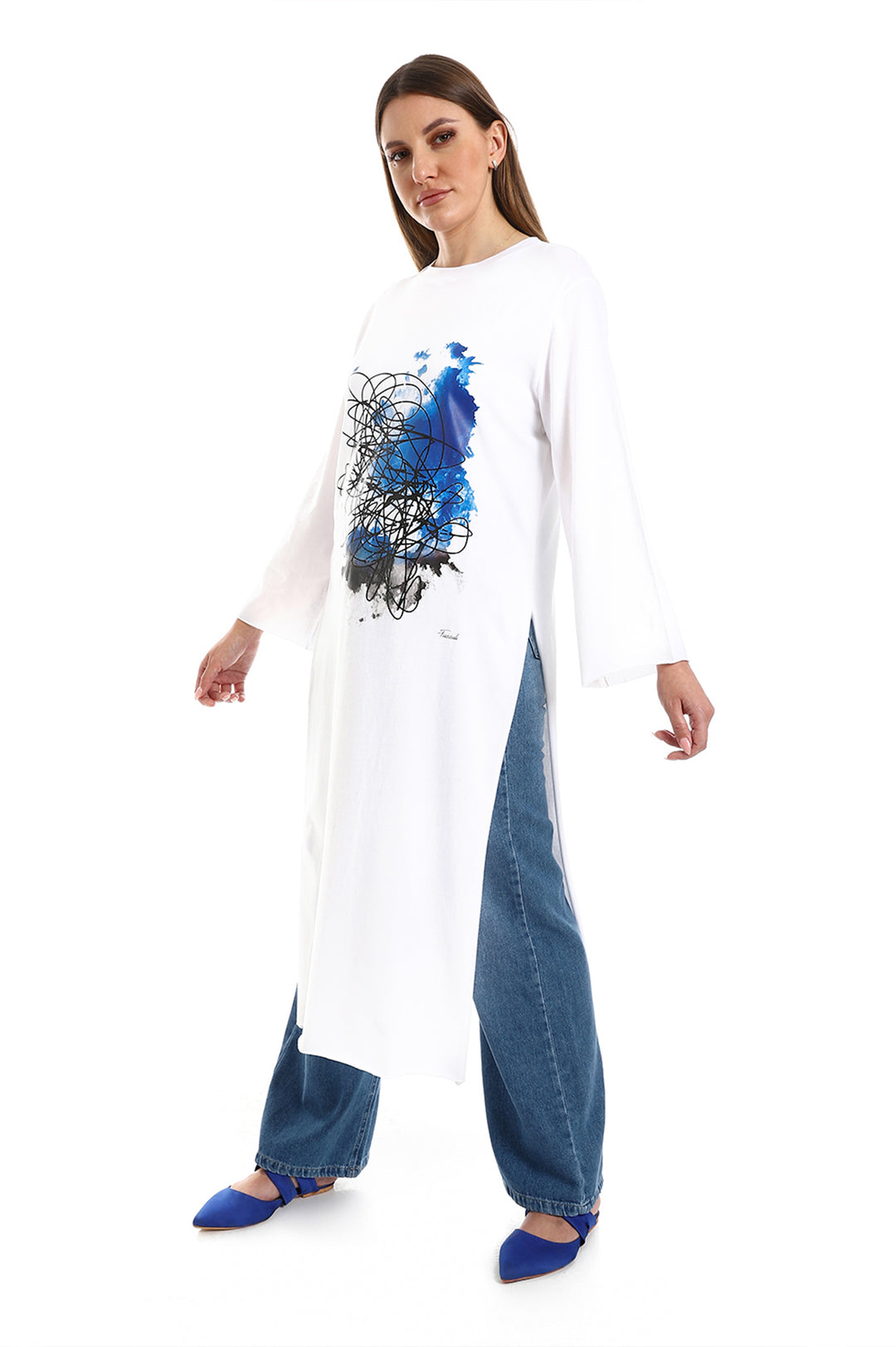 Long Printed T-Shirt With Side Slits