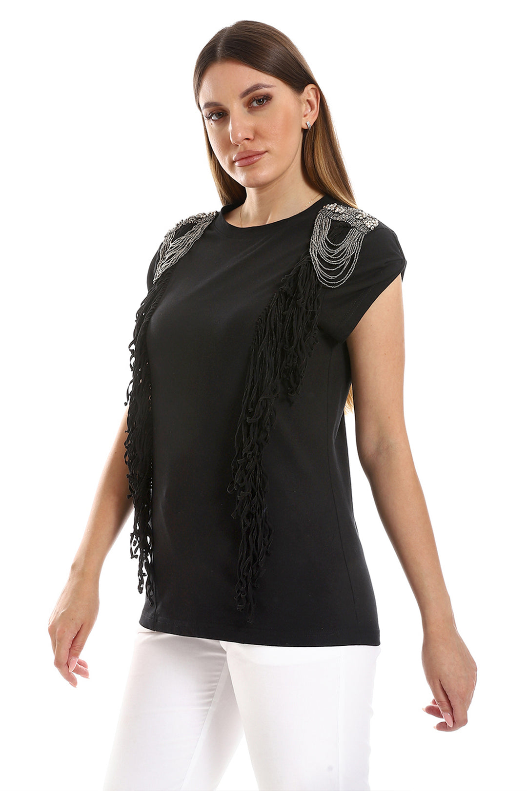 Tshirt With Fringes And Embellishments