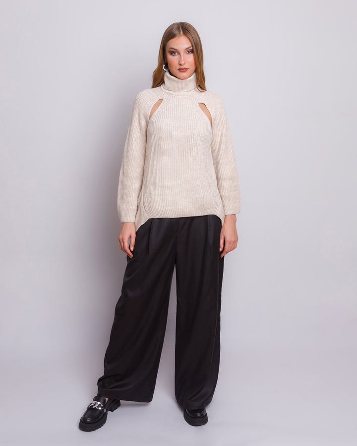 Knitted Turtleneck Top With Cutout Details And Back Tie