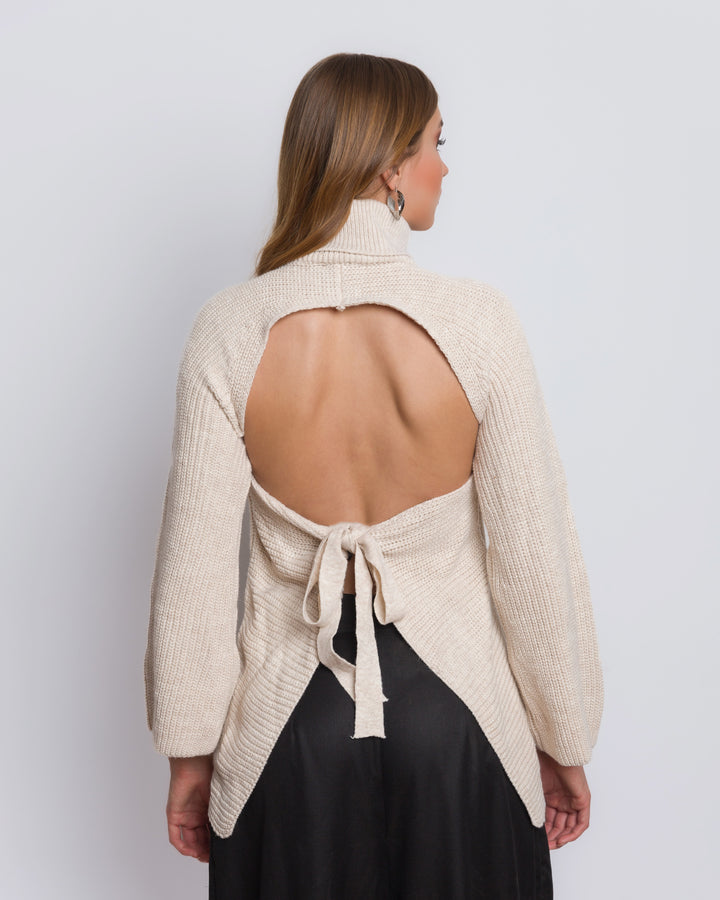 Knitted Turtleneck Top With Cutout Details And Back Tie