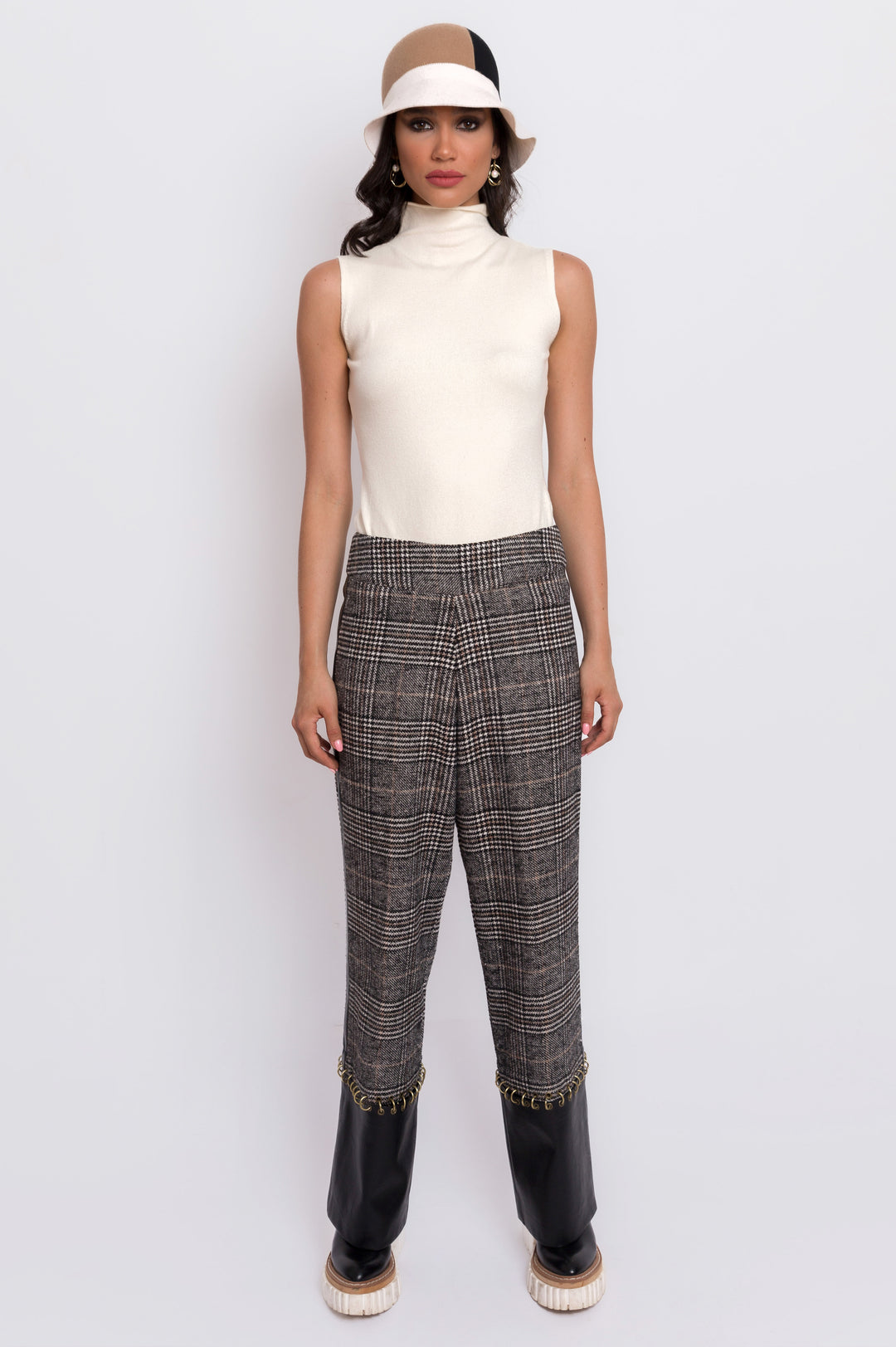 Wool Patterned Pants With Leather Trim And Ring Detail