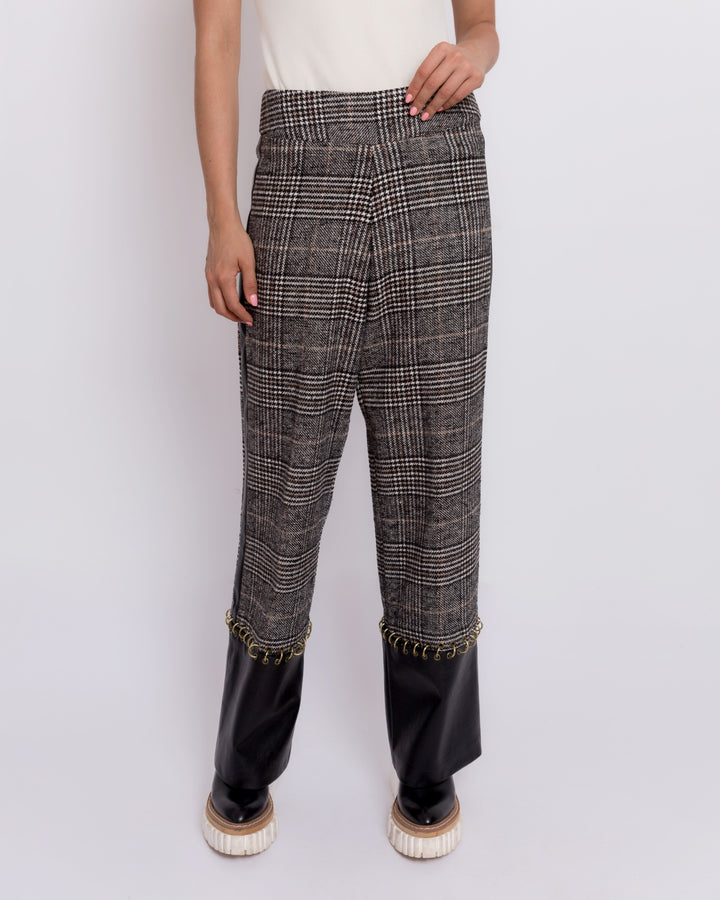 Wool Patterned Pants With Leather Trim And Ring Detail