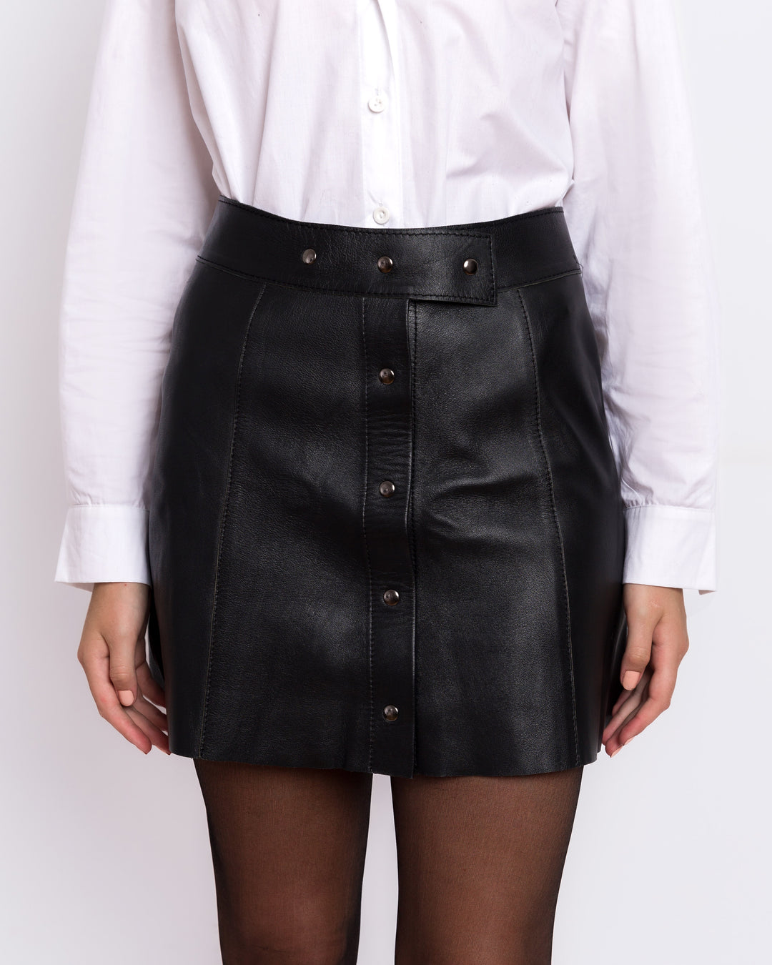 Black Mini Leather Skirt With Front Buttons