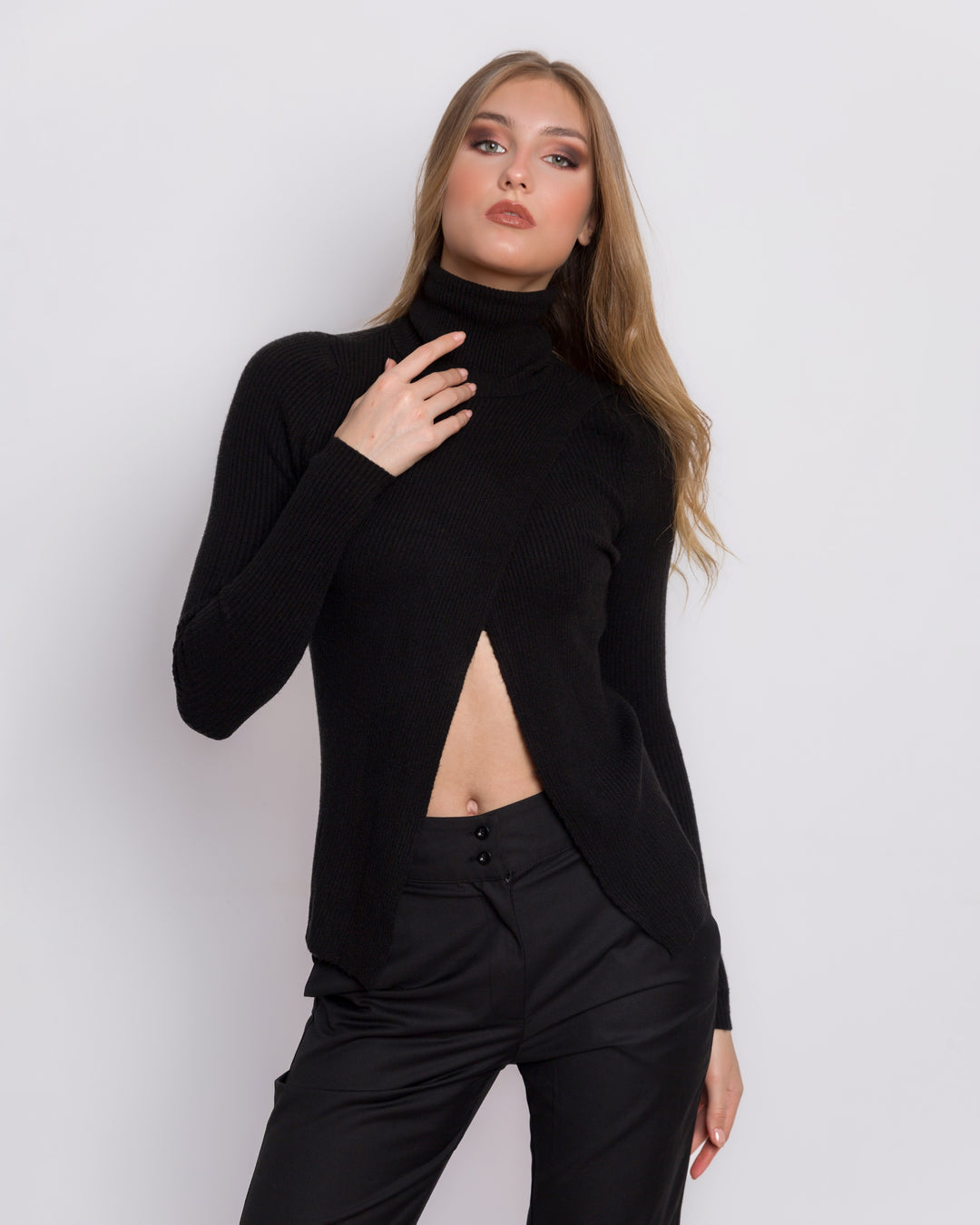 Ribbed Knitted Turtleneck Sweater With Front Twist
