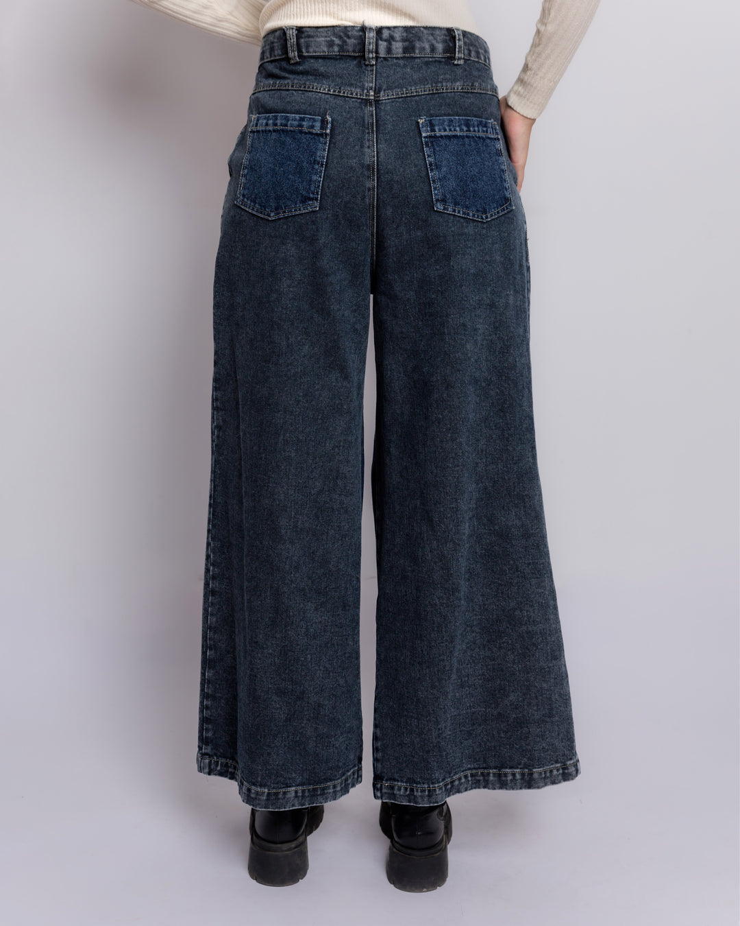 Black And Blue Wide Leg Denim Pants With Wide Front Pleat