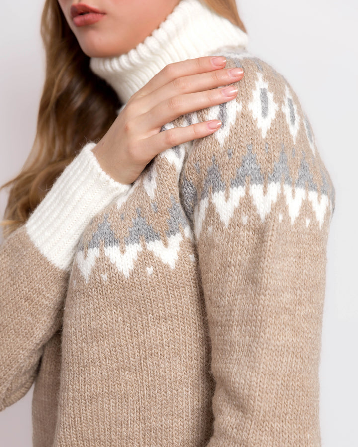 Beige Turtleneck Knitted Pullover With A Pattern