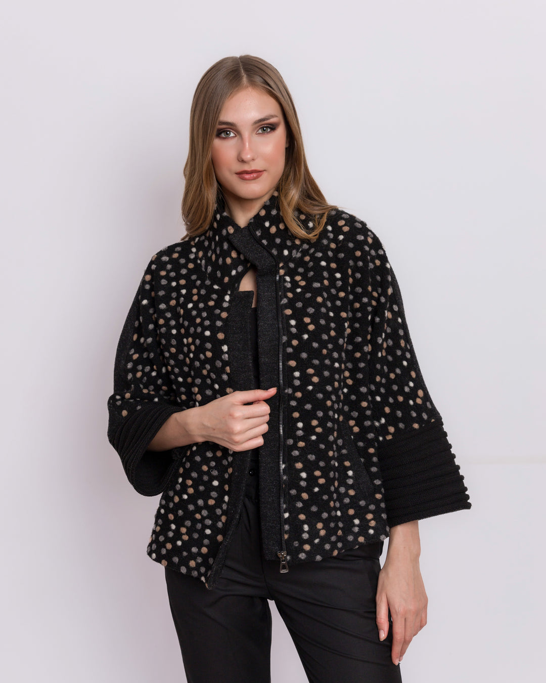 Wool Polka Dots Multi Colored Pattern Jacket With Black Sleeve Trim Detail & Zipper