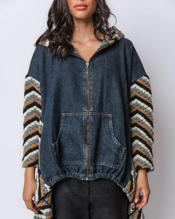 High Low Denim Hooded Jacket With Knitted Back And Sleeve