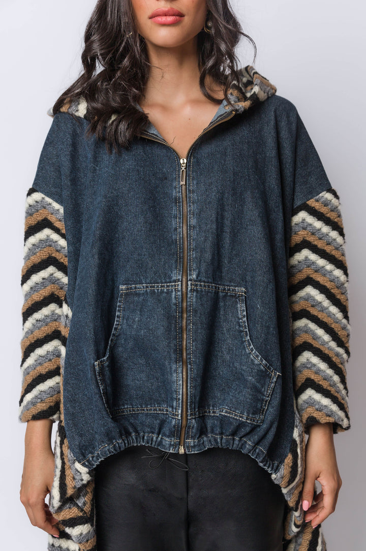 High Low Denim Hooded Jacket With Knitted Back And Sleeve