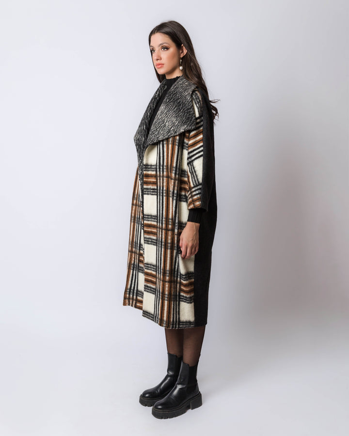 Wool Multi Colored  Plaid Coat With Grey Neck Lapel