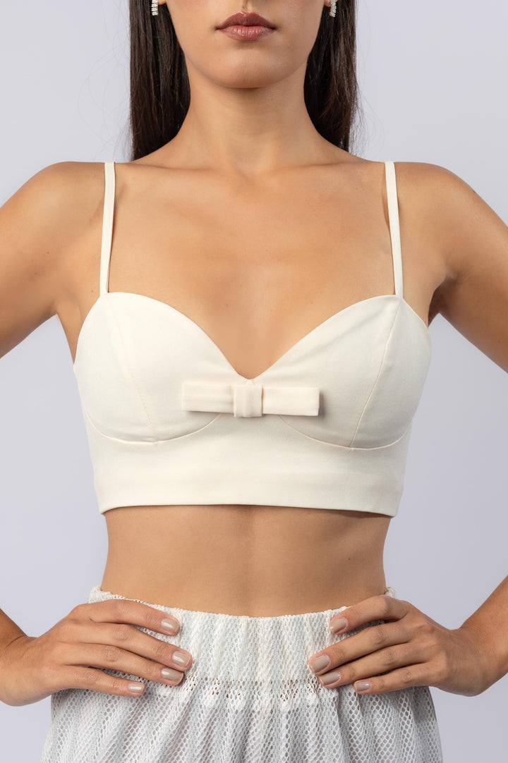 Heartshape crop top with front bow in white