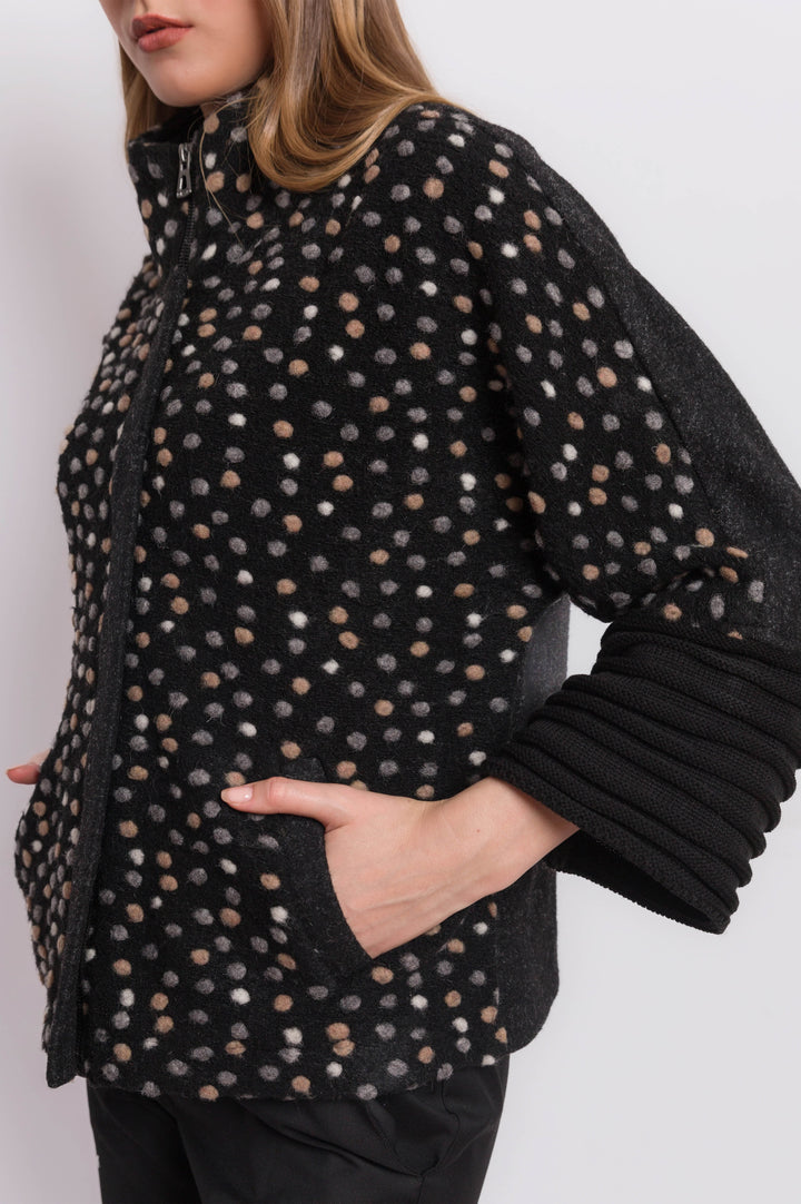 Wool Polka Dots Multi Colored Pattern Jacket With Black Sleeve Trim Detail & Zipper