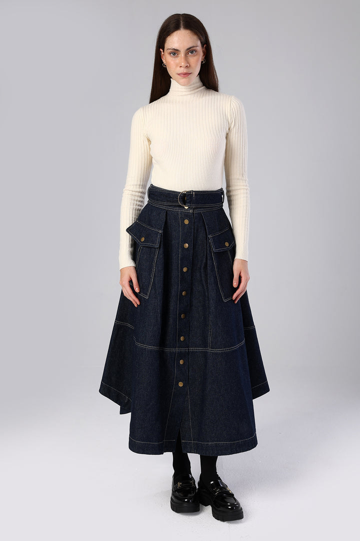 The Freedom Skirt – Flowy Denim Maxi Skirt with Belted Waist