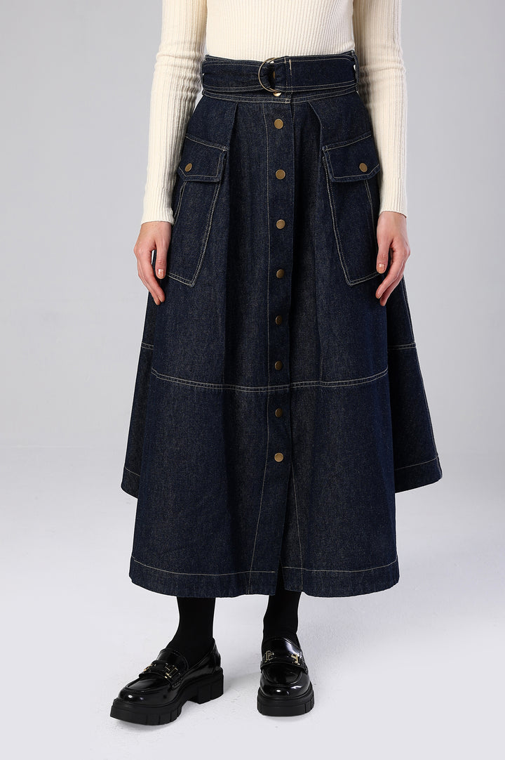 The Freedom Skirt – Flowy Denim Maxi Skirt with Belted Waist