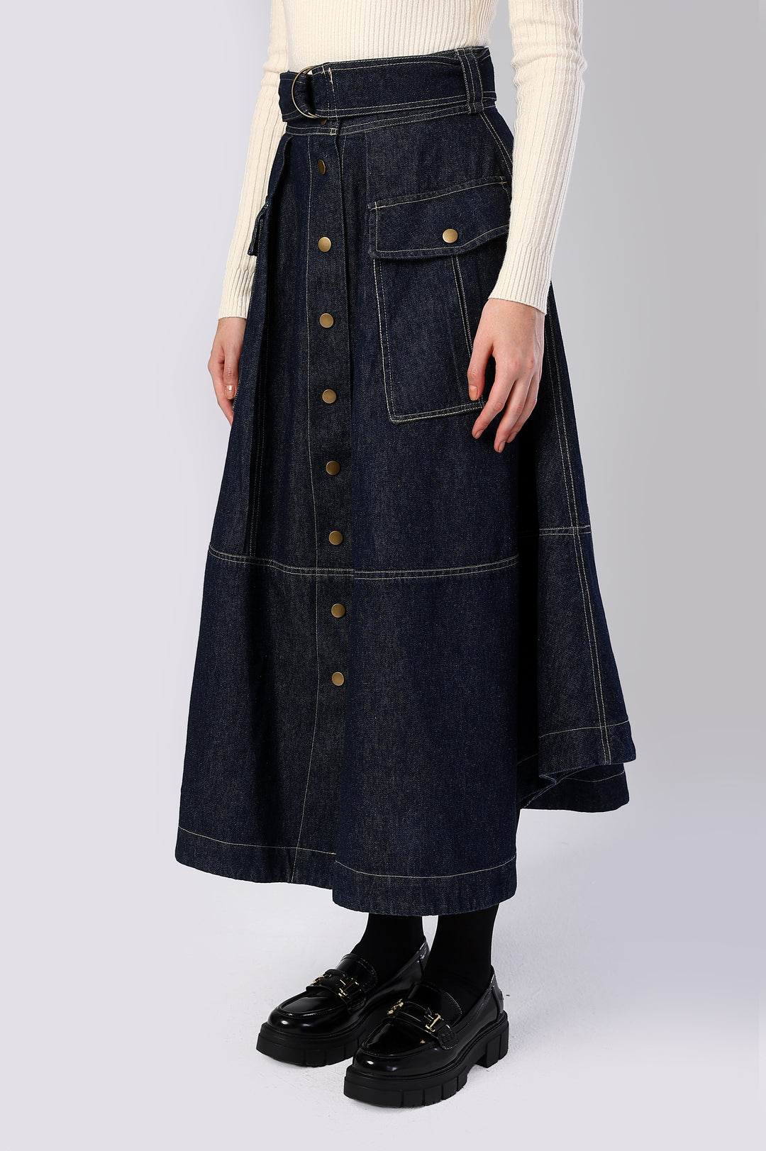 The Freedom Skirt – Flowy Denim Maxi Skirt with Belted Waist