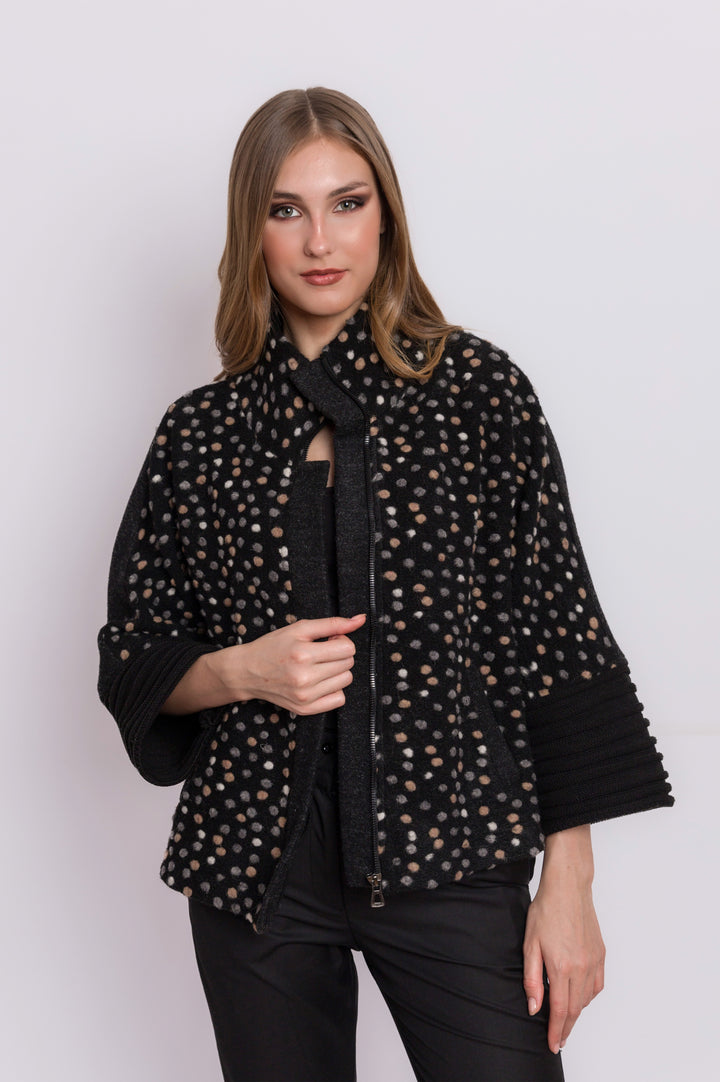 Wool Polka Dots Multi Colored Pattern Jacket With Black Sleeve Trim Detail & Zipper