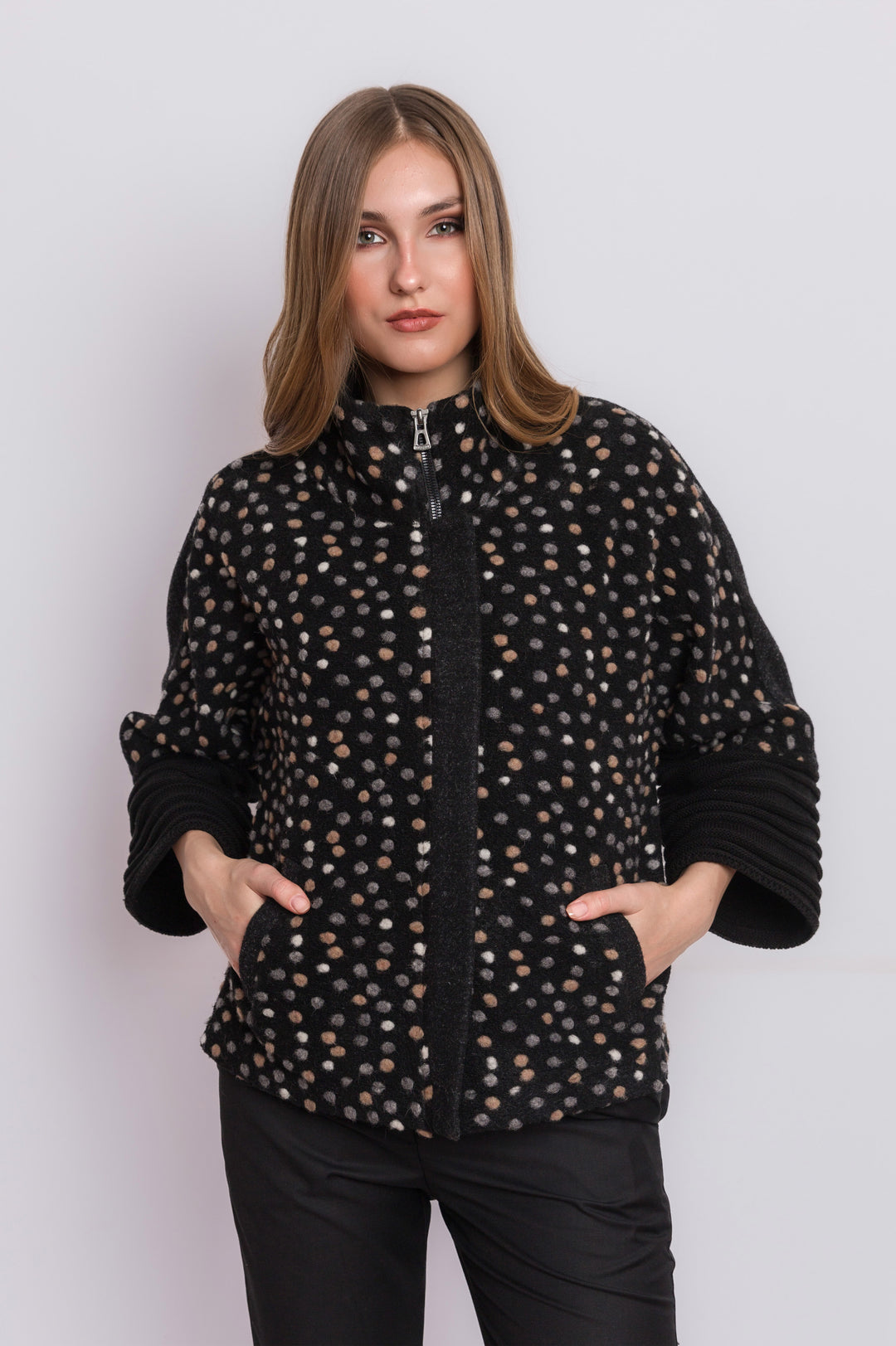 Wool Polka Dots Multi Colored Pattern Jacket With Black Sleeve Trim Detail & Zipper