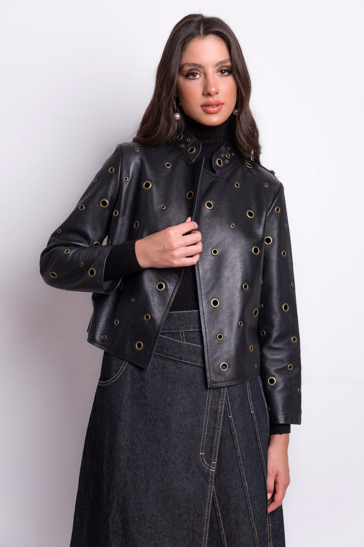 Black Leather Jacket With Round Gold Eyelets