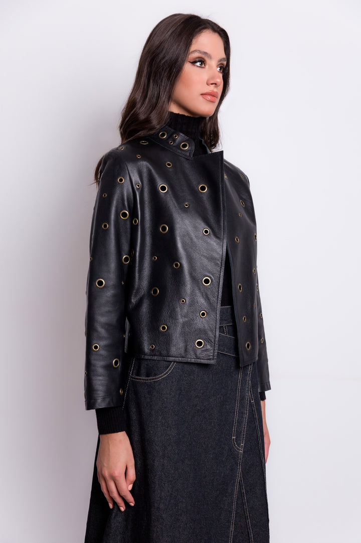 Black Leather Jacket With Round Gold Eyelets