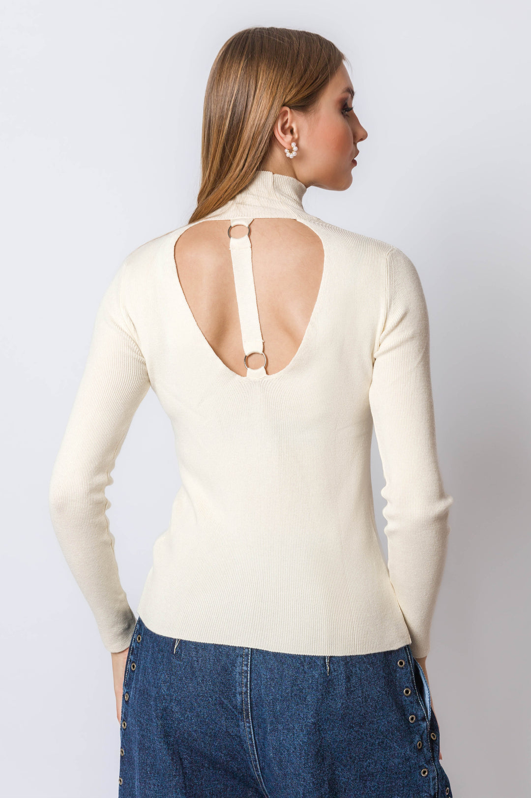 Knitted Turtleneck Sweater With Open Back Detail