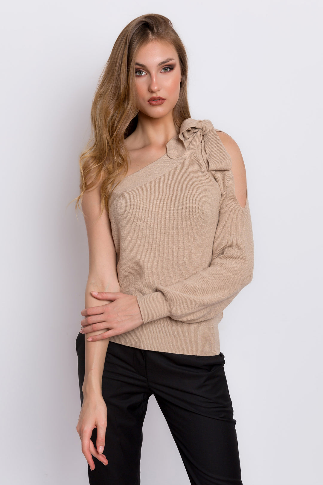 Knitted One Shoulder Top With Sleeve Cutout Detail And Tie Shoulder